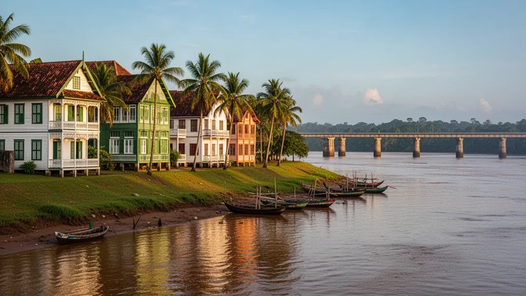 Colonial wooden waterfront buildings and palm trees along the Suriname River in Paramaribo, Suriname, in warm tropical evening light.