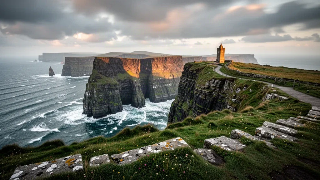 Vista de los acantilados de Moher en el condado de Clare, Irlanda, durante la hora dorada, donde los empinados acantilados marinos caen al océano Atlántico bajo un suave cielo vespertino