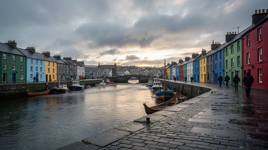 Bunte Häuser und festgemachte Fischerboote entlang des Long Walk Quay in Galway, Irland, neben dem River Corrib an einem bewölkten Tag