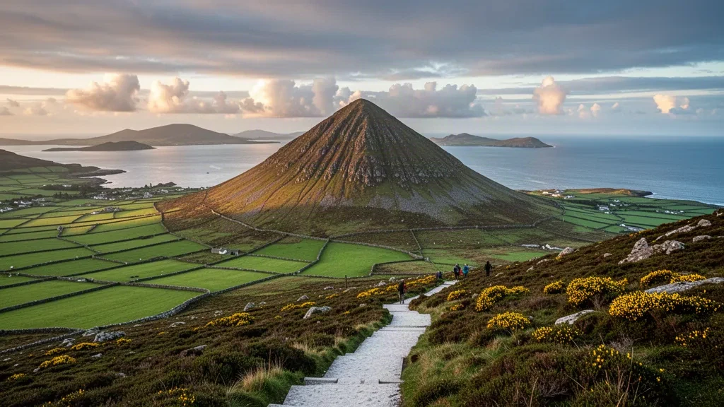 İrlanda'nın County Mayo bölgesinde altın saatlerde yeşil tarlalar ve Clew Bay'in adacıklarla dolu suları üzerinde yükselen Croagh Patrick