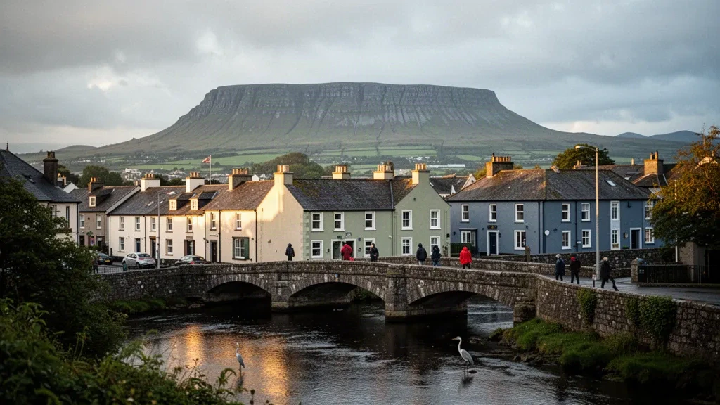 Ville de Sligo et rivière Garavogue à l'heure dorée avec la montagne Benbulben en arrière-plan, comté de Sligo, Irlande