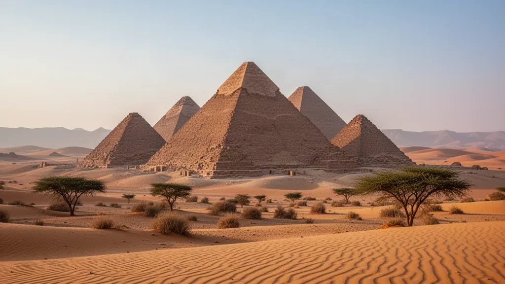 Altın saatlerde Sudan çölünden yükselen Meroë'nin Nübye piramitleri, kum tepeleri ve akasya ağaçlarıyla çevrili