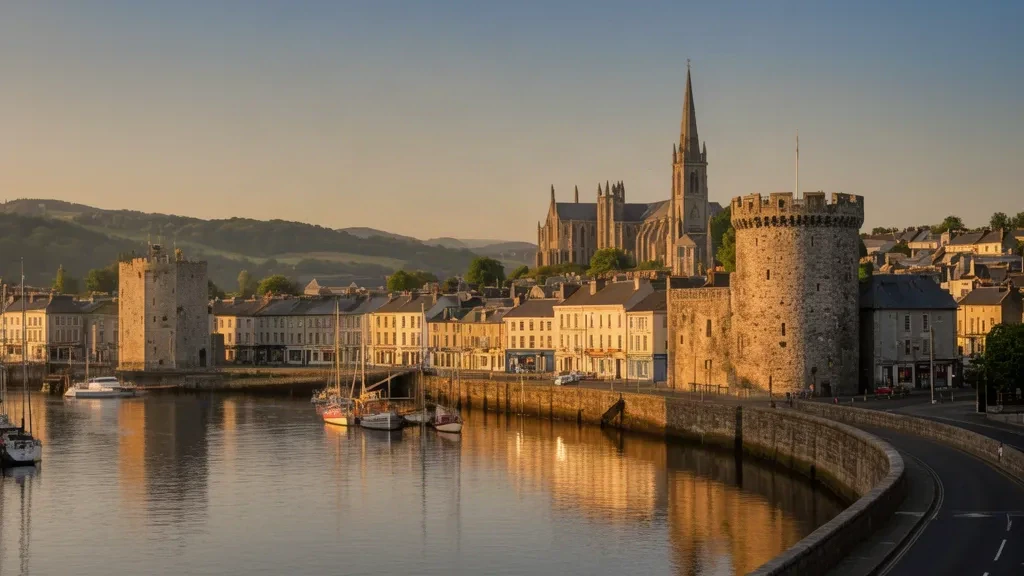 Waterford city quays and River Suir waterfront at golden hour, with Reginald's Tower and hilltop cathedral spires above the historic streets