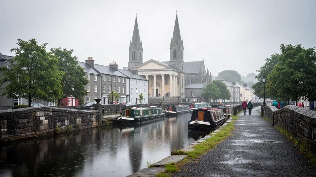 Kathedrale Christi des Königs über dem Stadtzentrum von Mullingar und dem Royal Canal bei bedecktem irischem Licht in Westmeath