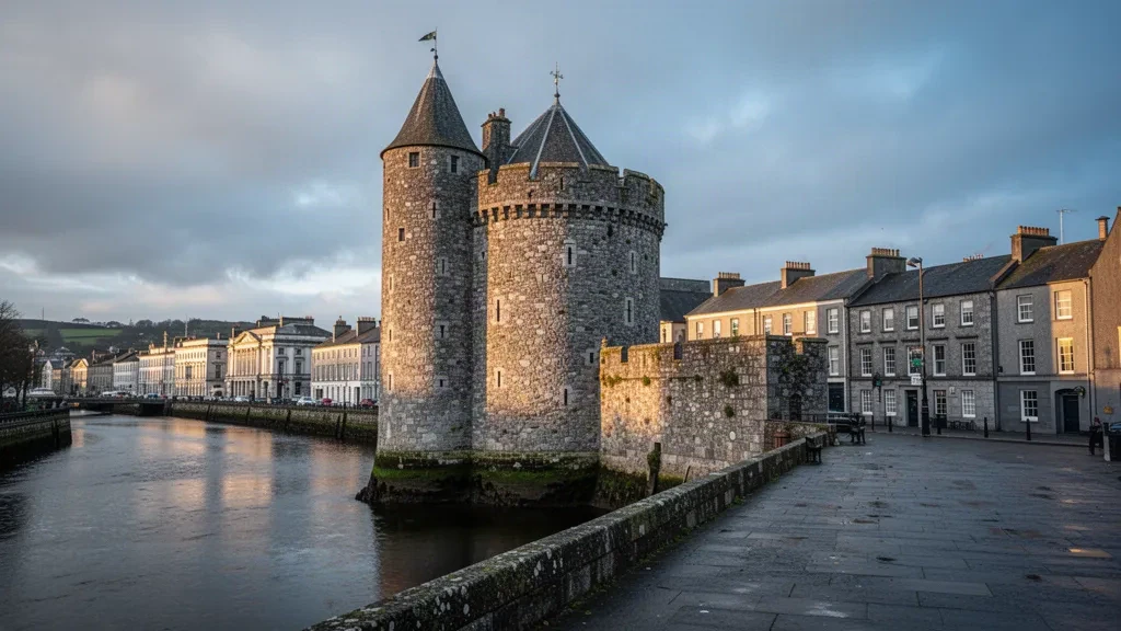 Reginald's Tower und die Kais des Viking Triangle in Waterford, Irland, am Ufer des River Suir zur goldenen Stunde