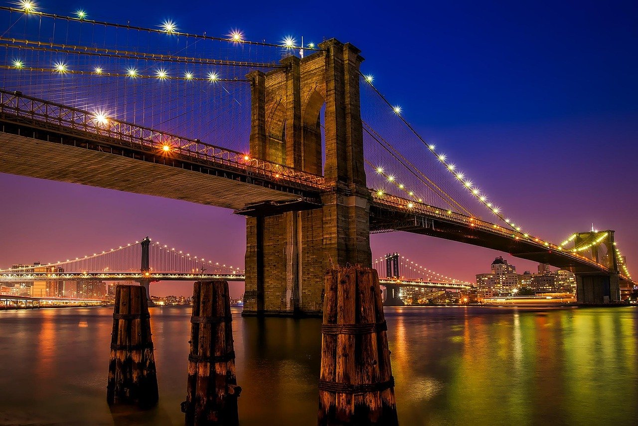 brooklyn bridge, river, nature, illuminated, city lights, bridge, architecture, city, landmark, new york city, urban, hudson, reflection, lights, glow, famous, night, water, waterfront, hudson river
