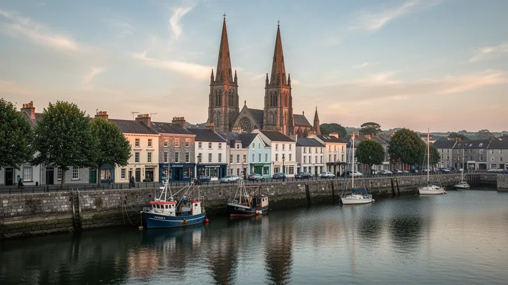 Wexford town waterfront at golden hour with moored boats on the River Slaney and the twin church spires rising above the Irish quayside