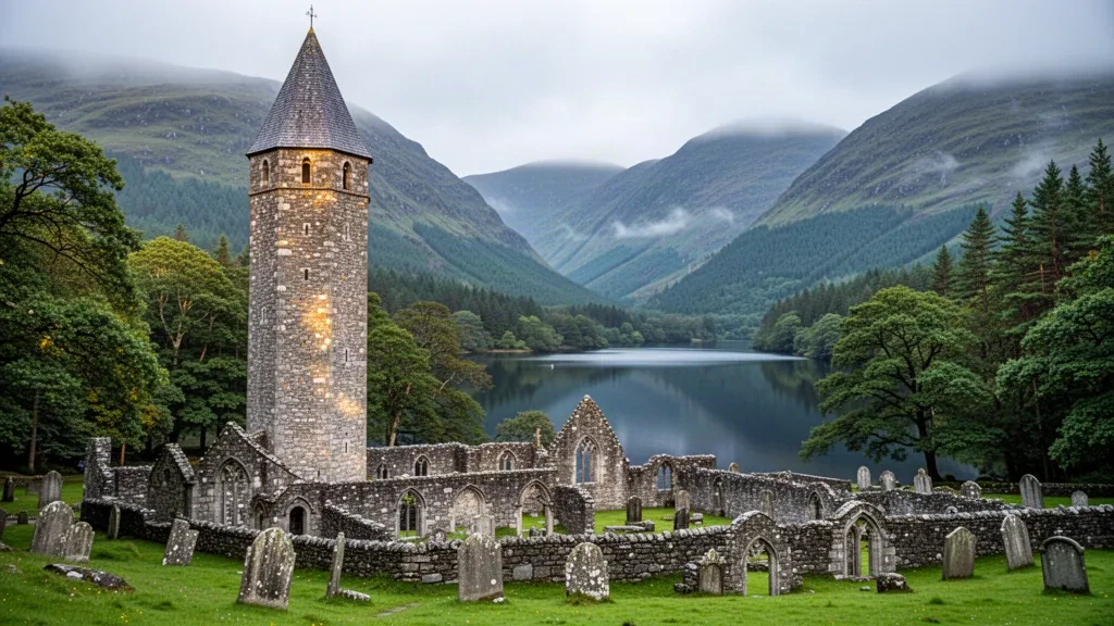 Antica torre rotonda in pietra e rovine monastiche accanto al Lago Superiore a Glendalough nella Contea di Wicklow, Irlanda
