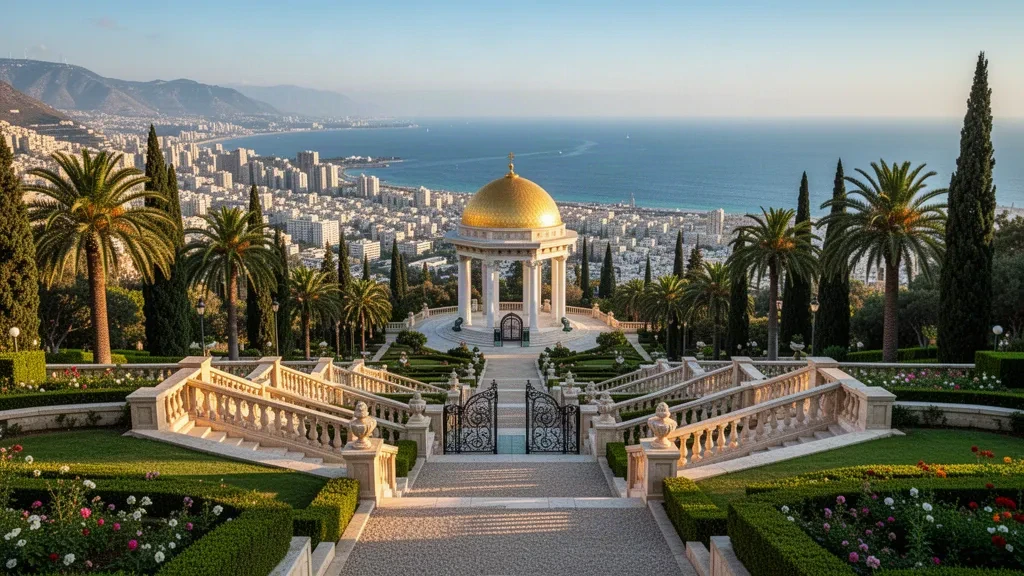Bahá'í Gardens terraces cascading down Mount Carmel above Haifa Bay in Israel, lit by golden afternoon light