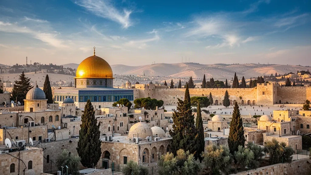 Golden hour view over Jerusalem's Old City rooftops with the Dome of the Rock and ancient limestone walls