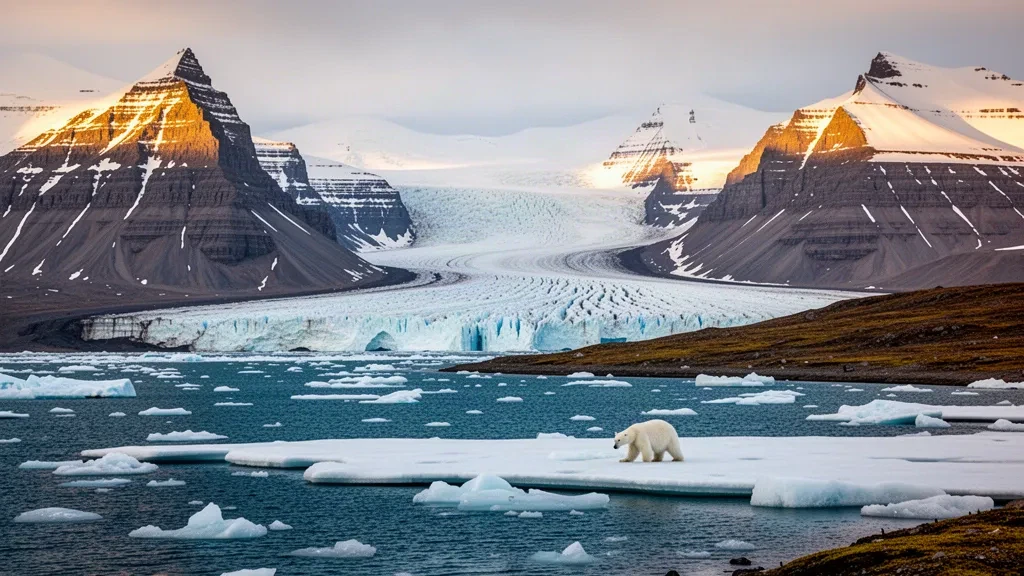 Frente glaciar y hielo a la deriva en un fiordo de Svalbard con escarpadas montañas árticas bajo la luz del sol de medianoche