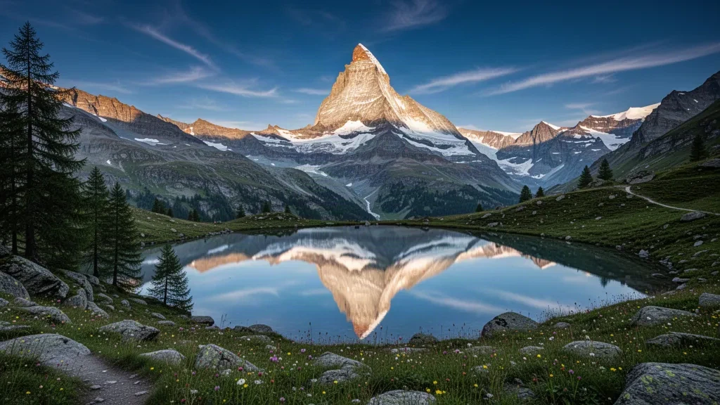 Matterhorn reflected in the still water of Riffelsee lake near Zermatt, Switzerland, with alpine meadow and blue sky