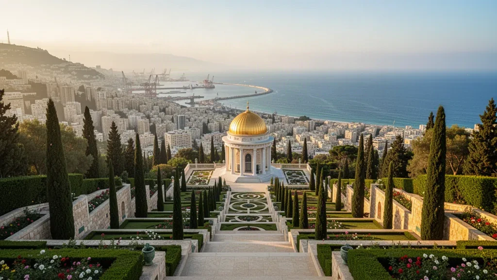 Terraced Bahai Gardens cascade down Mount Carmel toward Haifa Bay and the Mediterranean Sea in warm golden light