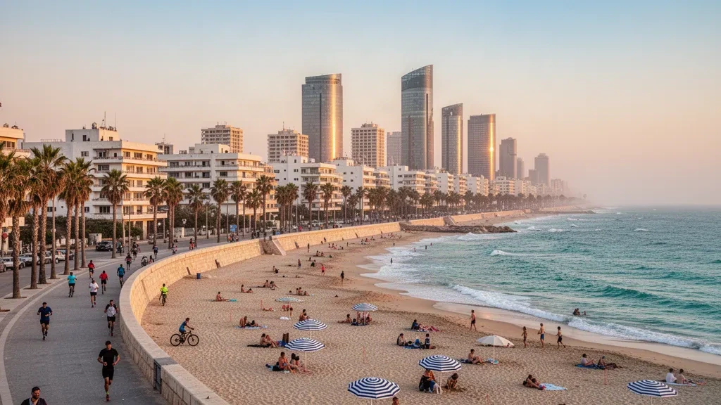 Horizonte del frente marítimo de Tel Aviv con edificios Bauhaus de la Ciudad Blanca y paseo mediterráneo bordeado de palmeras a la hora dorada