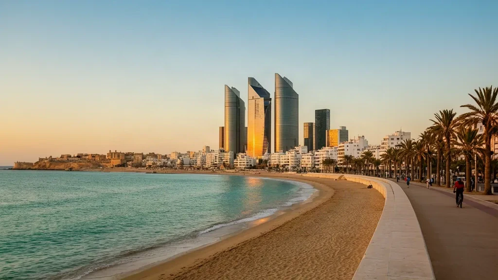 Skyline di Tel Aviv all'ora d'oro vista dalla passeggiata sulla spiaggia del Mediterraneo, con le moderne torri Azrieli, gli edifici bianchi del Bauhaus e le palme