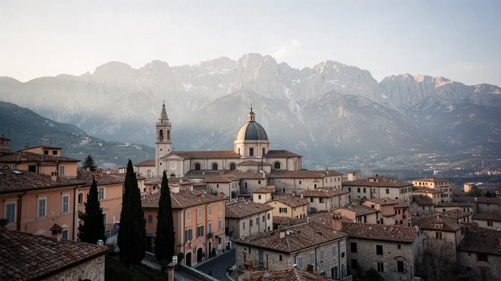 Panoramic view of L'Aquila's historic centre in Abruzzo, Italy, with terracotta rooftops and the Gran Sasso mountains rising beyond