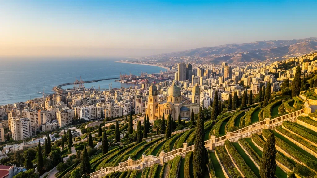 Baia di Haifa e i giardini terrazzati del Monte Carmelo durante l'ora d'oro, con la costa mediterranea e lo skyline del nord di Israele
