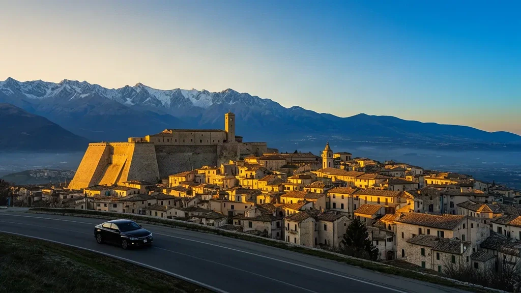 Vista a la hora dorada sobre los tejados de L'Aquila y el Fuerte Español, con las montañas Gran Sasso del Abruzzo cubiertas de nieve al fondo