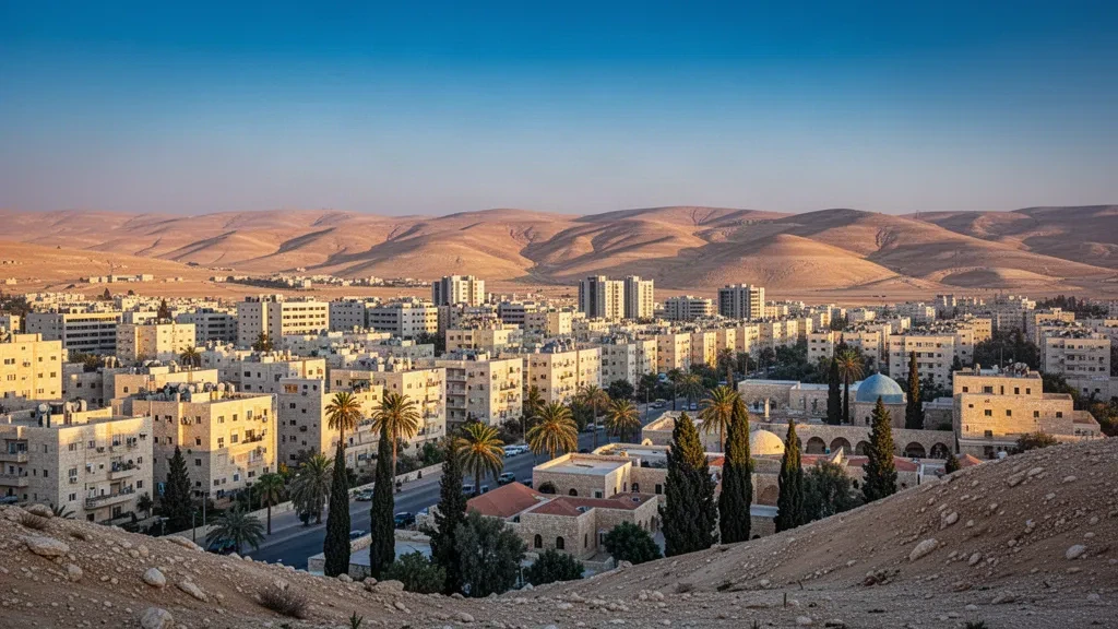 Blick zur goldenen Stunde über Beersheba im Süden Israels, mit den Dächern der Altstadt und den Hügeln der Negev-Wüste dahinter