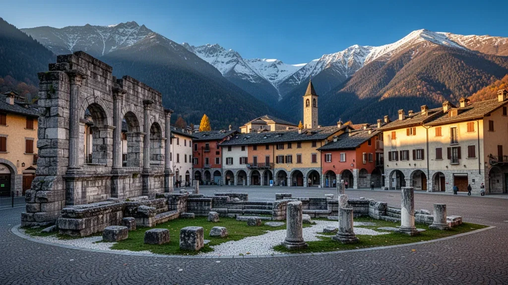 Antiche rovine del teatro romano ad Aosta con cime alpine innevate che si ergono dietro il centro storico della Valle d'Aosta.