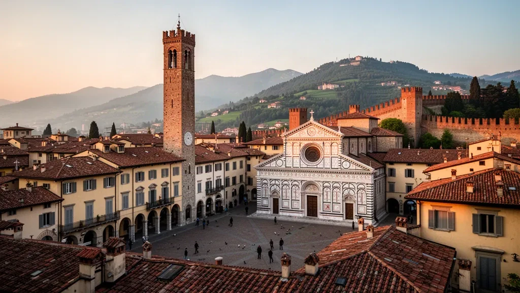 Blick zur goldenen Stunde über die Skyline von Bergamos Città Alta mit dem Campanone-Turm und der Piazza Vecchia in der Lombardei, Italien