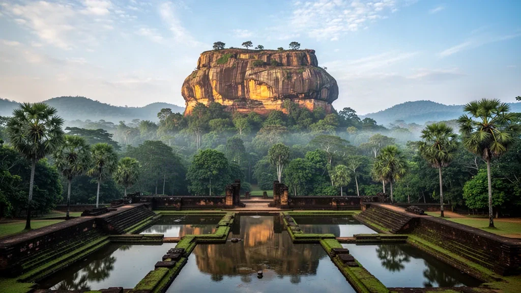 La Fortaleza de Sigiriya se eleva sobre la exuberante selva de Sri Lanka y los antiguos jardines acuáticos bajo la cálida luz de la mañana