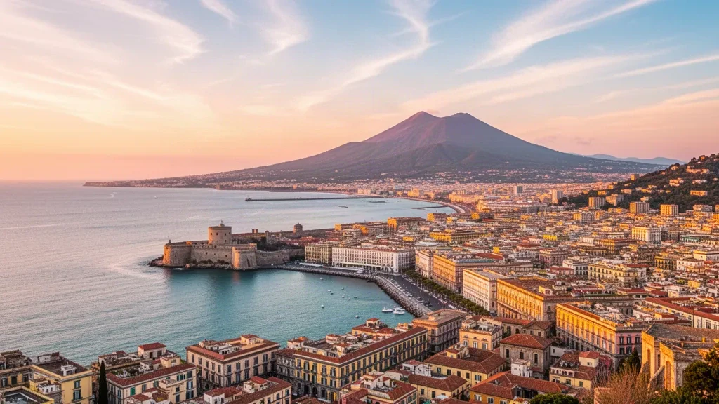 Vista panorámica de Nápoles, Campania, Italia, con el monte Vesubio sobre la bahía de Nápoles y tejados de terracota a la hora dorada.