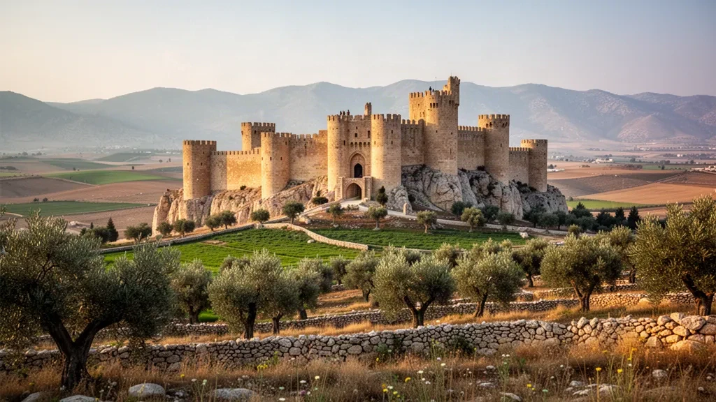 Castillo cruzado Krak de los Caballeros sobre su cresta en lo alto de una colina, por encima de olivares y el verde campo sirio bajo una cálida luz de tarde
