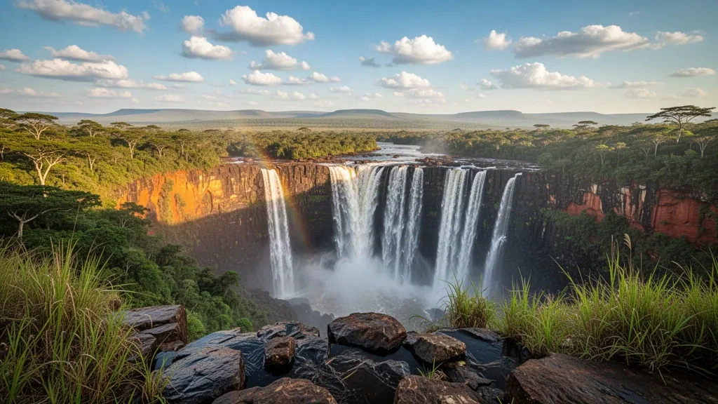 Kalandula Falls in Malanje, Angola, with white water plunging over dark rock cliffs into lush green savanna under warm afternoon light