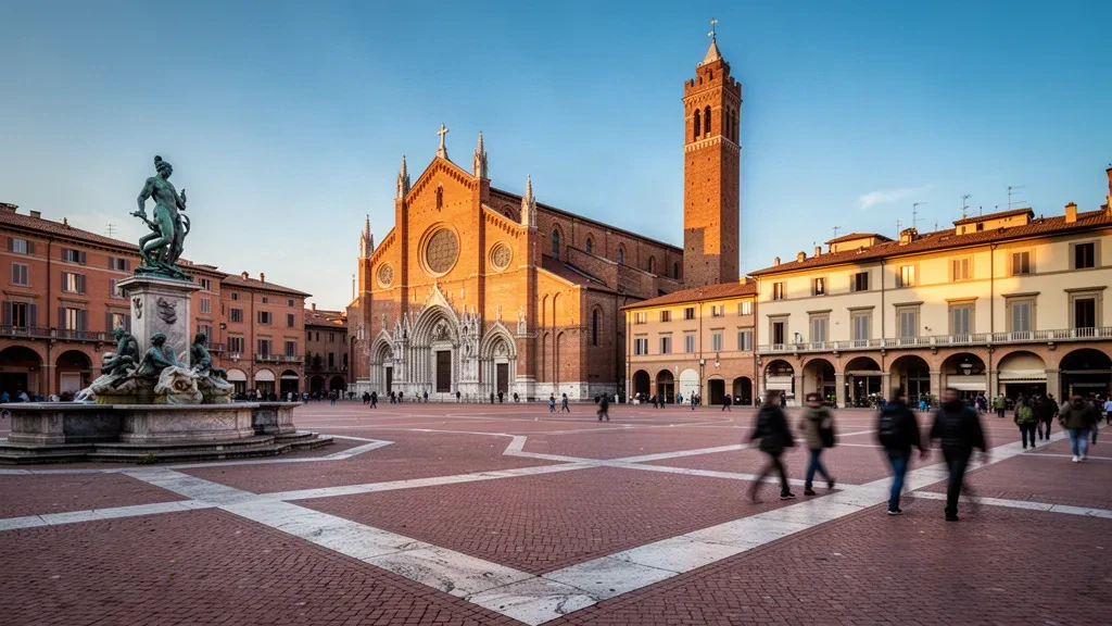 Blick zur goldenen Stunde auf die Piazza Maggiore in Bologna, Emilia-Romagna, mit dem Neptunbrunnen und der Basilika San Petronio