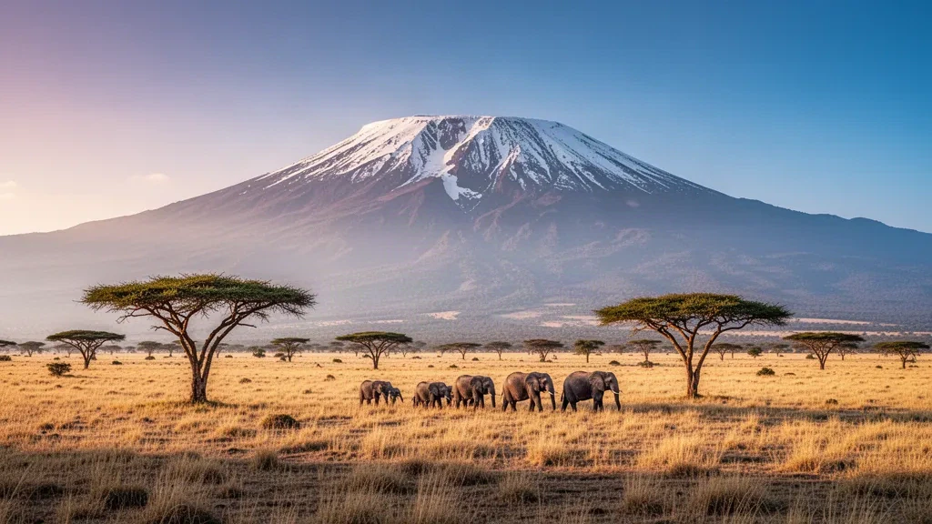 Monte Kilimanjaro innevato che si erge sopra la prateria dorata della savana con acacie ed elefanti nel nord della Tanzania