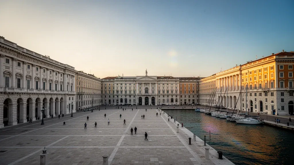 Trieste, Friuli-Venezia Giulia'da taş sahil şeridi ve altın saatte Adriyatik Denizi ile Piazza Unità d'Italia