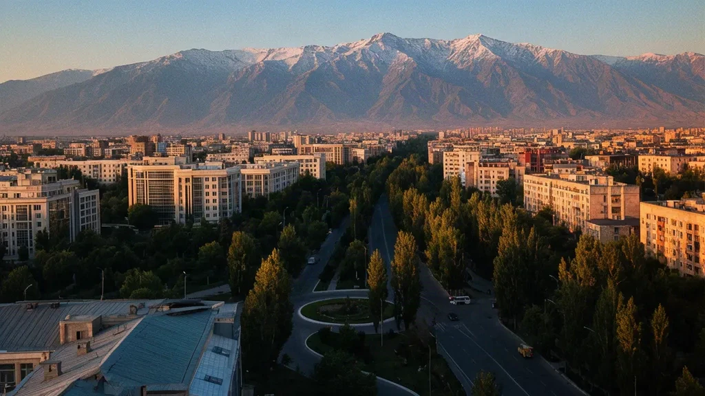 Horizonte urbano de Dusambé con montañas nevadas a la hora dorada, amplias avenidas arboladas y arquitectura moderna en Tayikistán