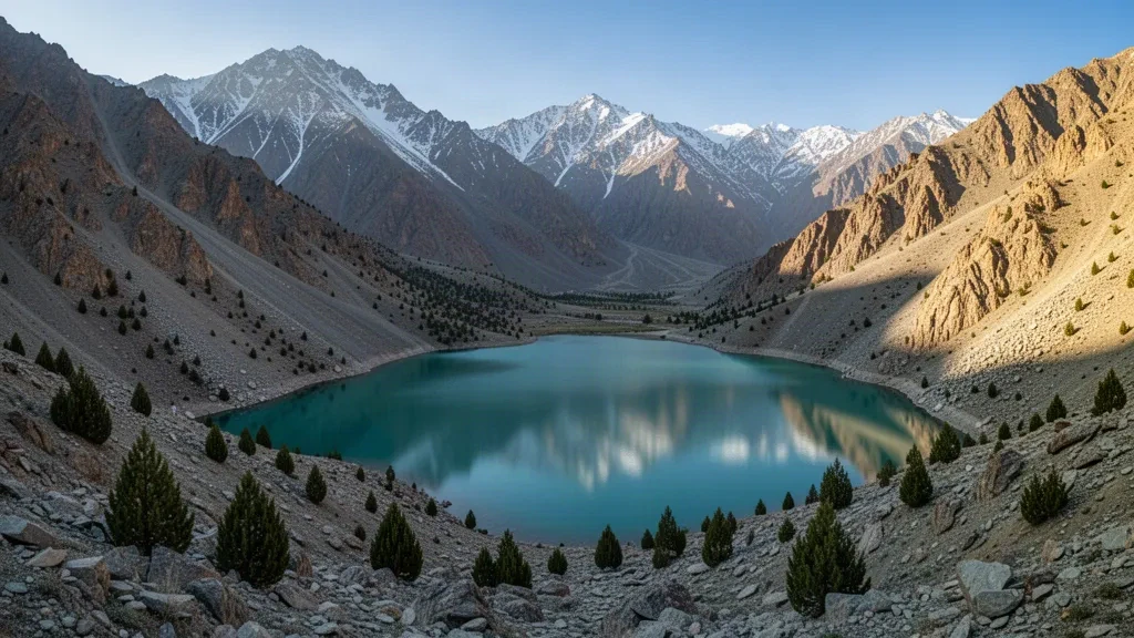 Aguas alpinas turquesa del lago Iskanderkul rodeadas por las escarpadas montañas de Fann en Tayikistán bajo una clara luz de la tarde