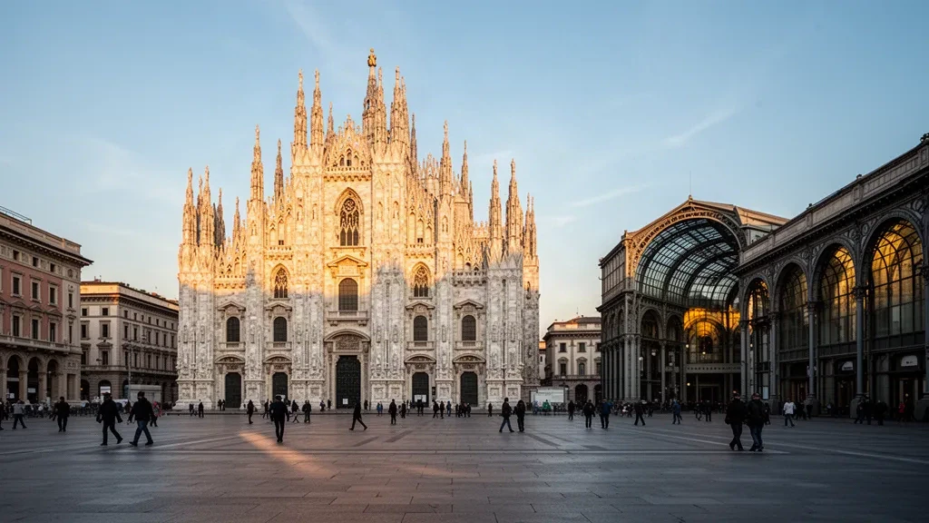 Blick zur goldenen Stunde auf den Duomo di Milano und die Piazza del Duomo in der Lombardei, Italien, mit warmem Sonnenlicht, das die gotischen Marmortürme streift