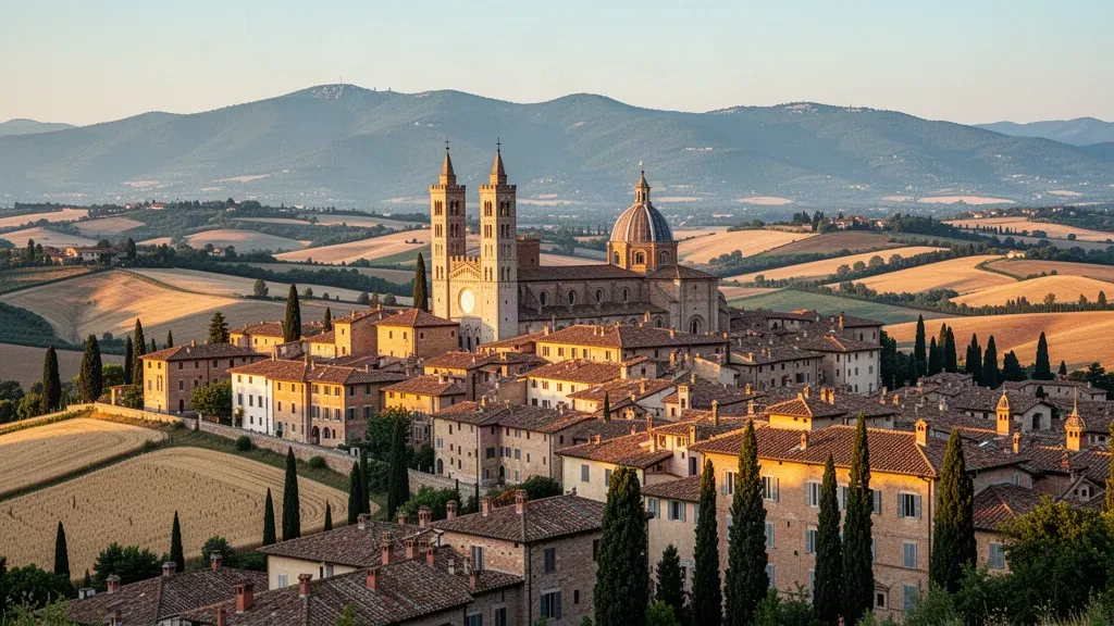 Skyline rinascimentale di Urbino con le due torri del Palazzo Ducale sopra i tetti in cotto nelle Marche, Italia