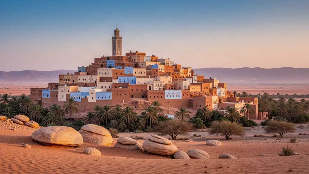 Maisons en briques crues ocre de la vallée du M'Zab à Ghardaïa s'élevant au-dessus du Sahara algérien sous la lumière chaude de fin d'après-midi