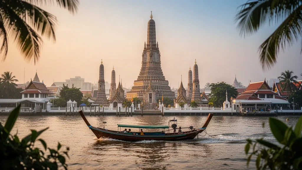 Tayland'ın Bangkok şehrinde, Chao Phraya Nehri kıyısında altın sabah ışığıyla parlayan Wat Arun tapınağı ve yanından geçen bir longtail teknesi