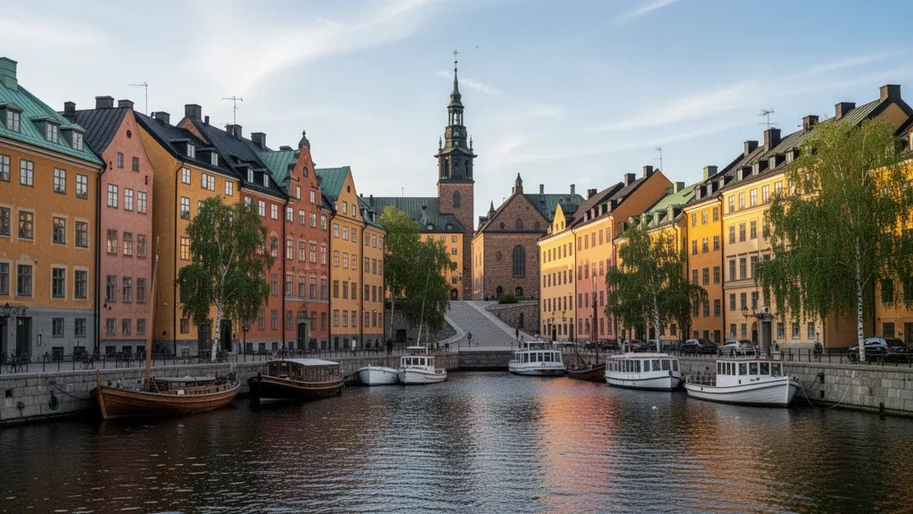 Coloridas casas de comerciantes del siglo XVII a lo largo del paseo marítimo de Gamla Stan en Estocolmo, Suecia, bajo la suave luz del atardecer nórdico