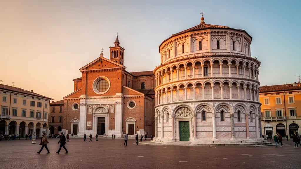 Baptisterio de mármol rosa de Parma y fachada de la catedral en la Piazza Duomo, Emilia-Romaña, durante la hora dorada