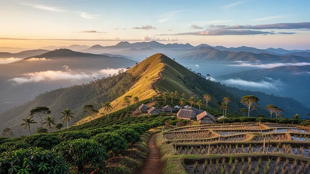 Sunrise over Mount Ramelau in Timor-Leste with mist-filled valleys, layered mountain ridges and traditional highland village scenery