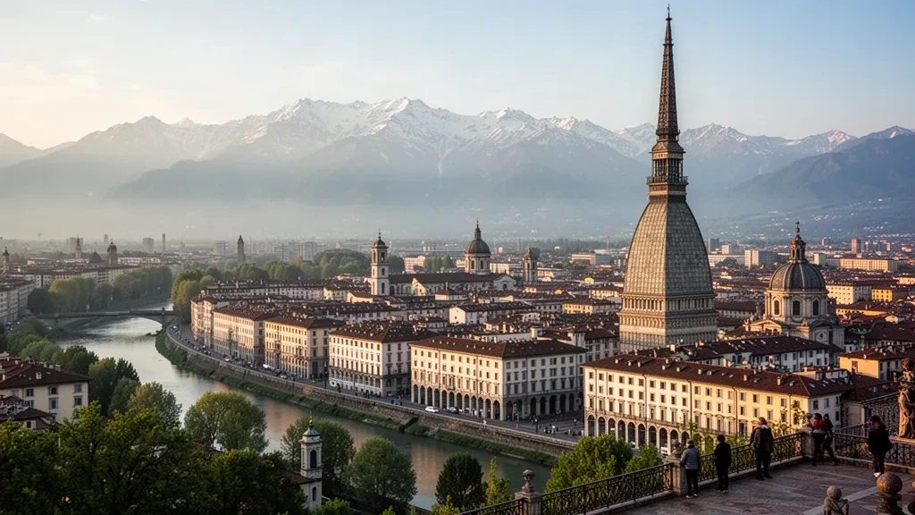 Altın saatte Mole Antonelliana ile Torino silüeti, İtalya'nın Piemonte bölgesinde karla kaplı Alplerle çevrili.