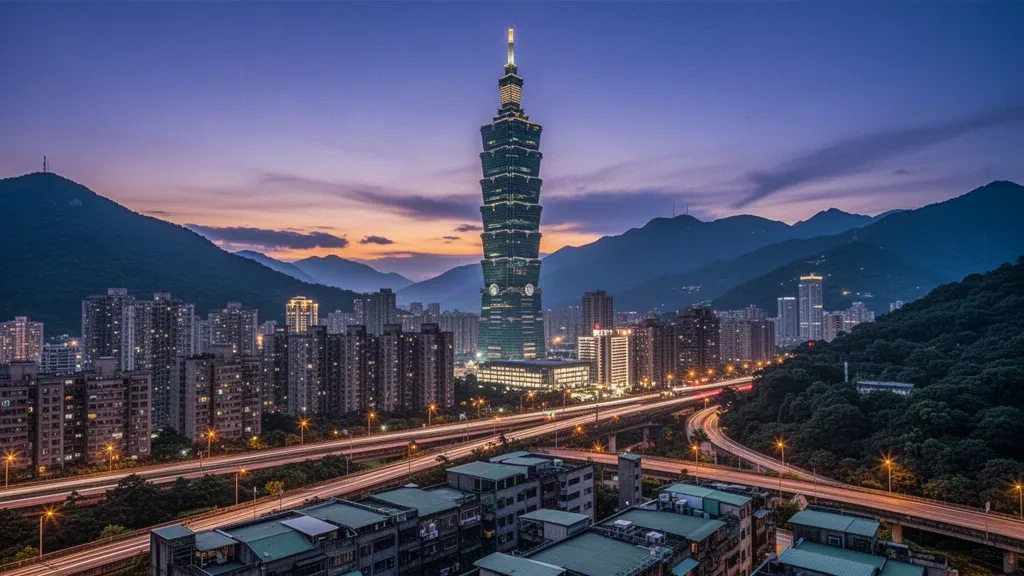 Taipei 101 ragt zur blauen Stunde über Taipehs beleuchteter Skyline auf, mit grünen Bergen im Hintergrund
