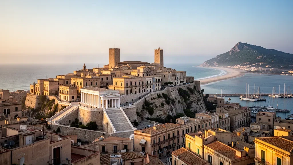 Cagliari skyline with the Castello district and Bastione di Saint Remy rising above the harbour in Sardinia, Italy at golden hour