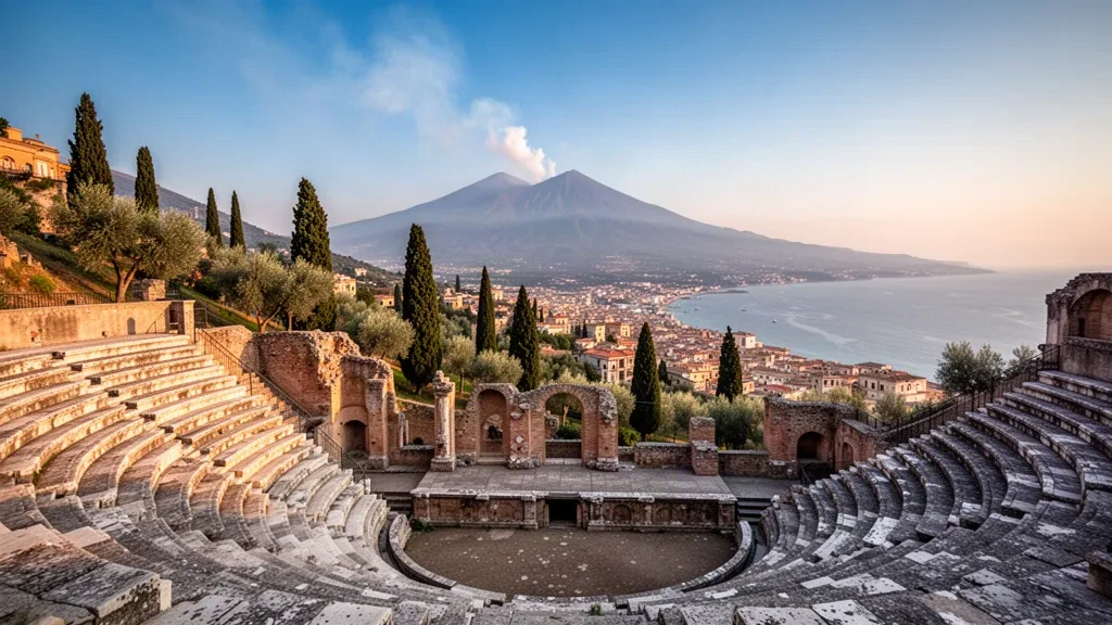 Teatro greco antico di Taormina in Sicilia con l'Etna che si erge sullo sfondo sotto la calda luce dorata del Mediterraneo