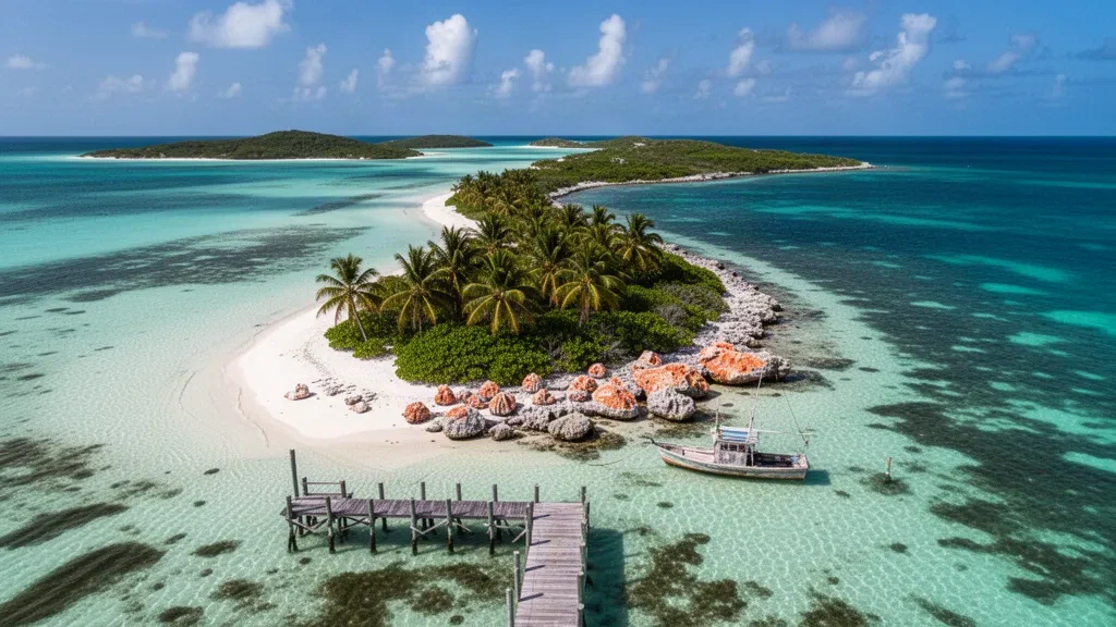 Türkisfarbene Untiefen, weißer Sand und palmengesäumte Cays entlang der Küste von Exuma auf den Bahamas