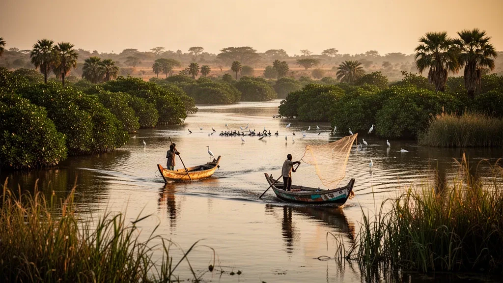 Pirogas tradicionales de madera deslizándose por el río Gambia a la hora dorada, enmarcadas por manglares y bosque de sabana bajo la cálida luz de África Occidental