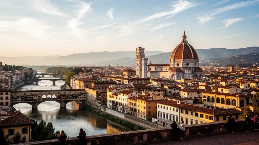 Vista en la hora dorada sobre los tejados de Florencia con el Duomo de Brunelleschi y el Ponte Vecchio, Toscana, Italia