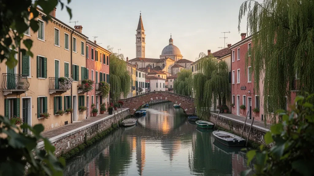 İtalya'nın Veneto bölgesinde, Treviso'nun Canale dei Buranelli hattı boyunca pastel cepheler, tuğla bir köprü ve katedral çan kulesinin altın saat görünümü