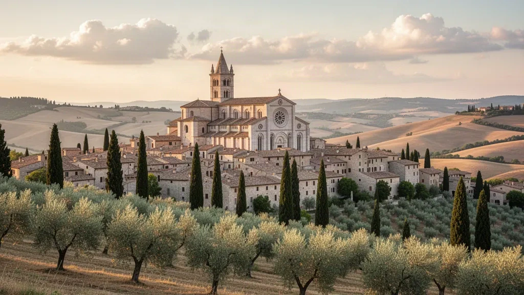 Ansicht von Assisi in Umbrien zur goldenen Stunde, mit der Basilika San Francesco, die über mittelalterlichen Steindächern und Zypressen aufragt.